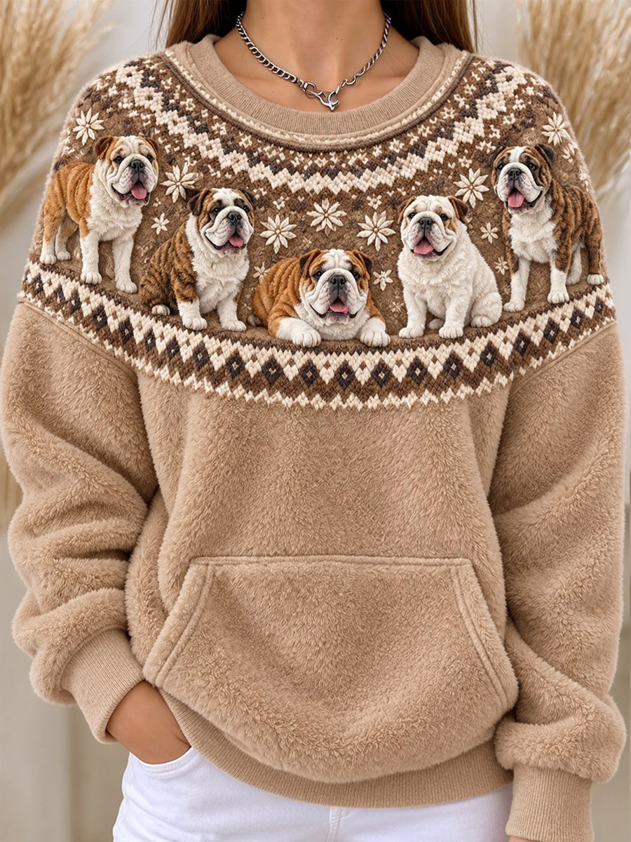 Women's Vintage Bulldogs Yoke Isle Pattern Print Cozy Flannel Sweatshirt