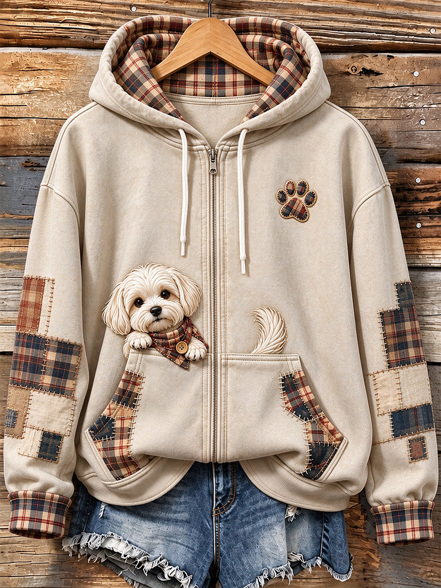 Women's Cute Peeking Maltese Plaid Patchwork Print Zip-Up Hoodie