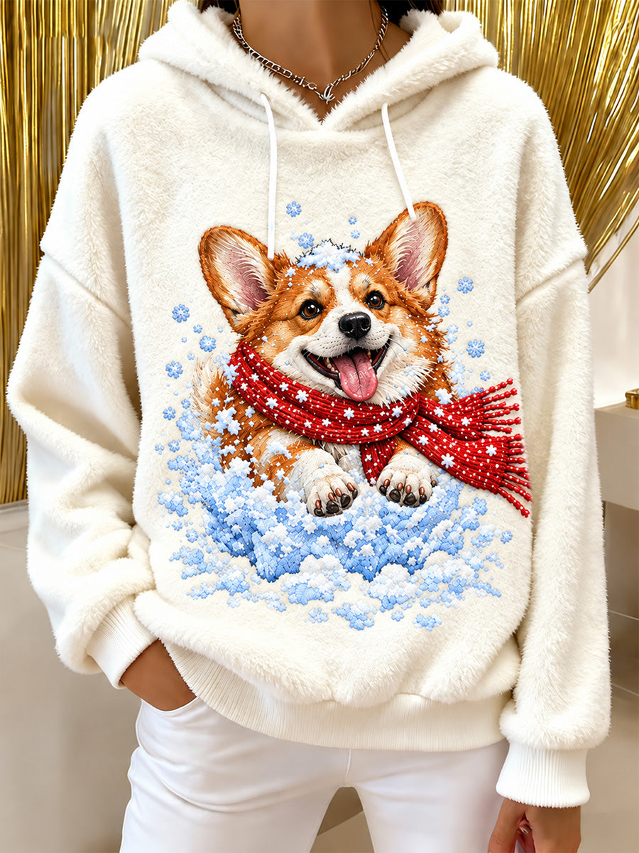 Women's Cute Dog Print Flannel Hoodie