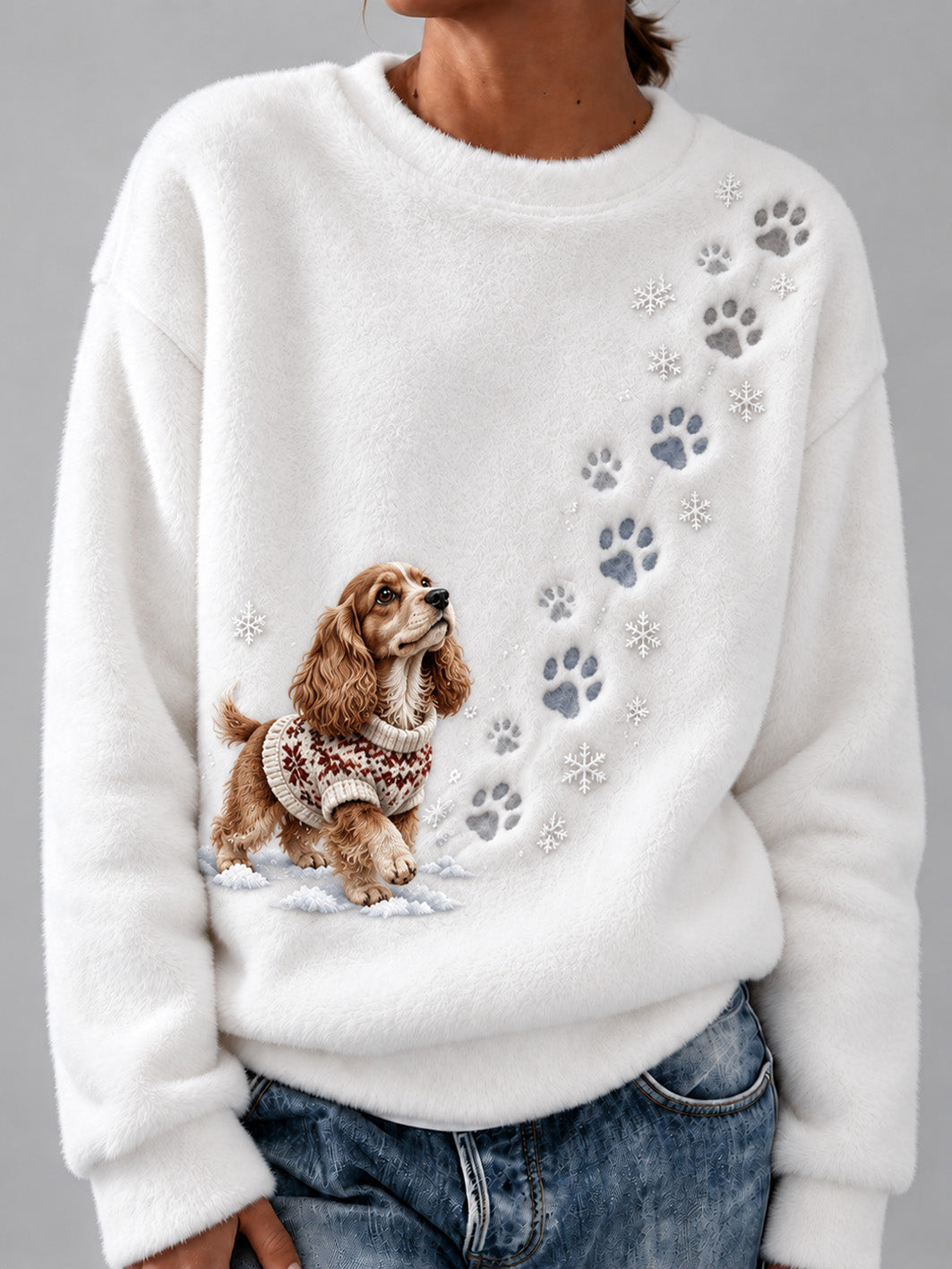 Women's Winter Snowy Cocker Spaniel Pattern Casual Flannel Sweatshirt