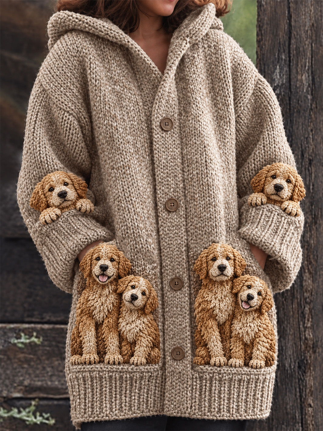Women's Golden Retrievers Pattern Causal Composite Fleece Long Coat