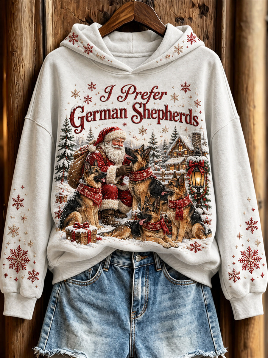 Women's I Prefer German Shepherds Snowy Christmas Santa Claus & Dogs Print Hoodie