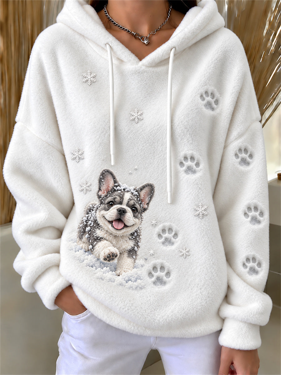 Women's French Bulldog Walking in the Snow Paw Prints & Snowflakes Print Flannel Hoodie