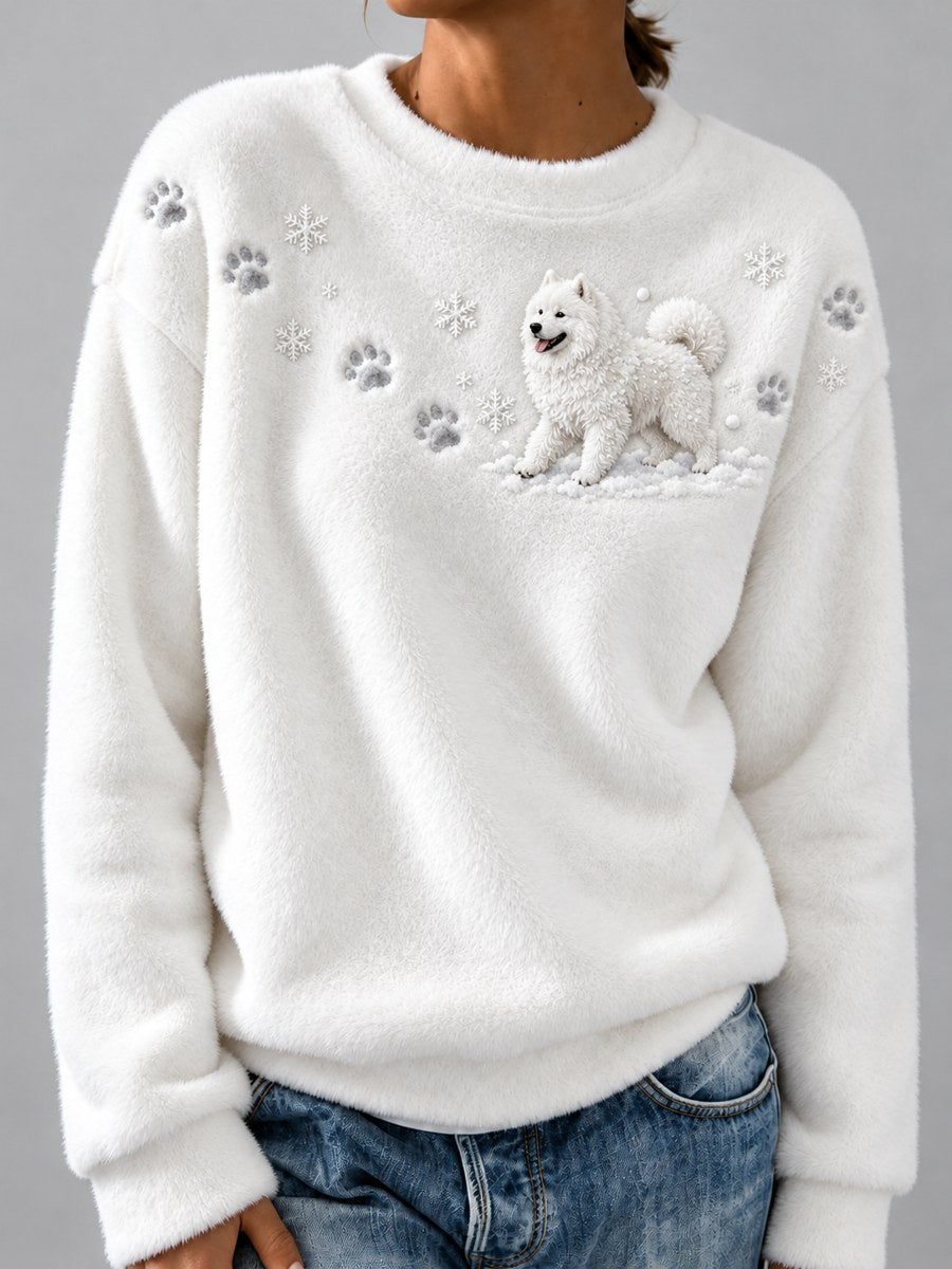 Women's Samoyed Dog in the Snow Paw Prints & Snowflakes Print Flannel Sweatshirt