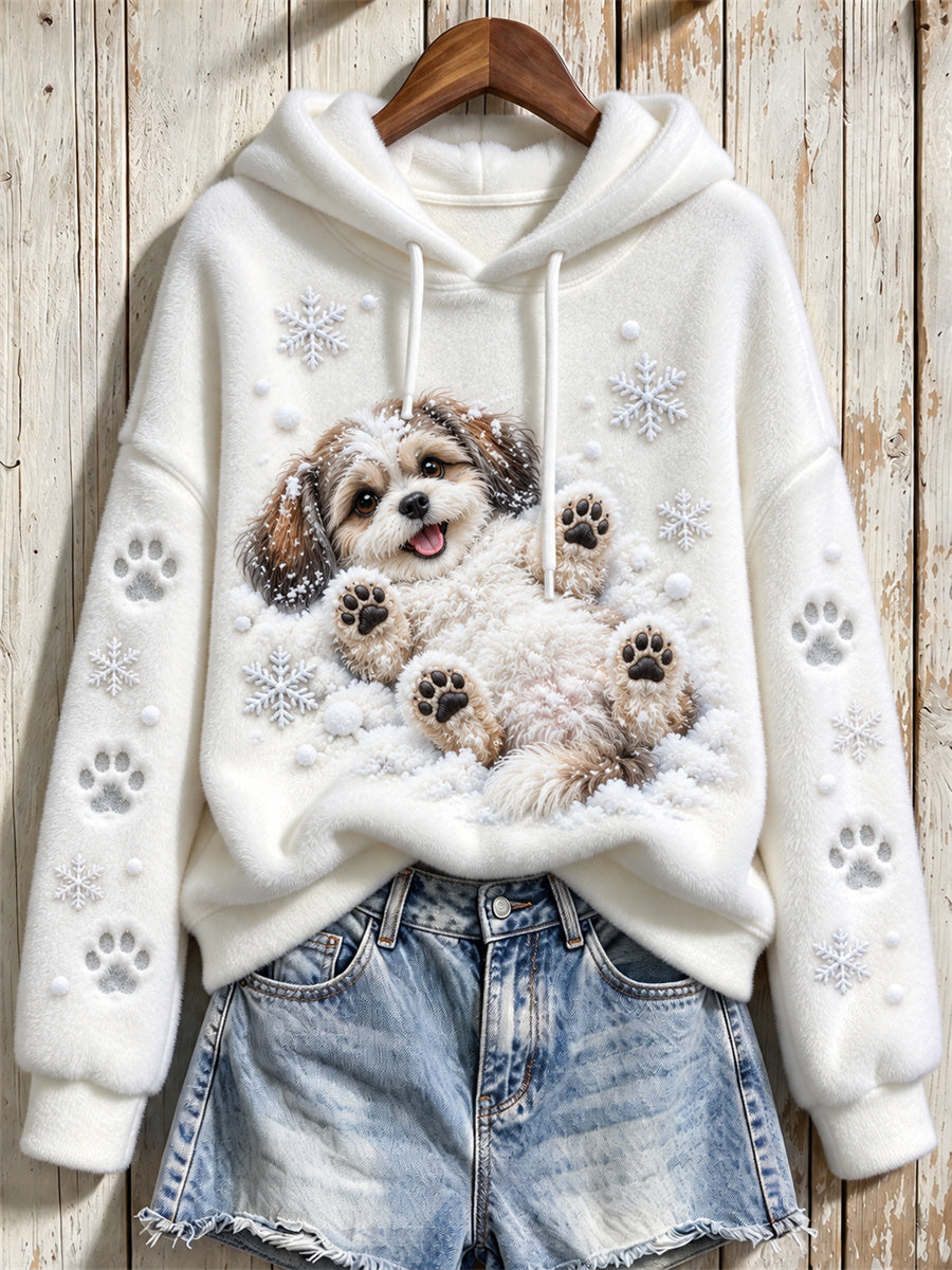 Women's Shih Tzu Dog in the Snow Paw Prints & Snowflakes Print Flannel Hoodie