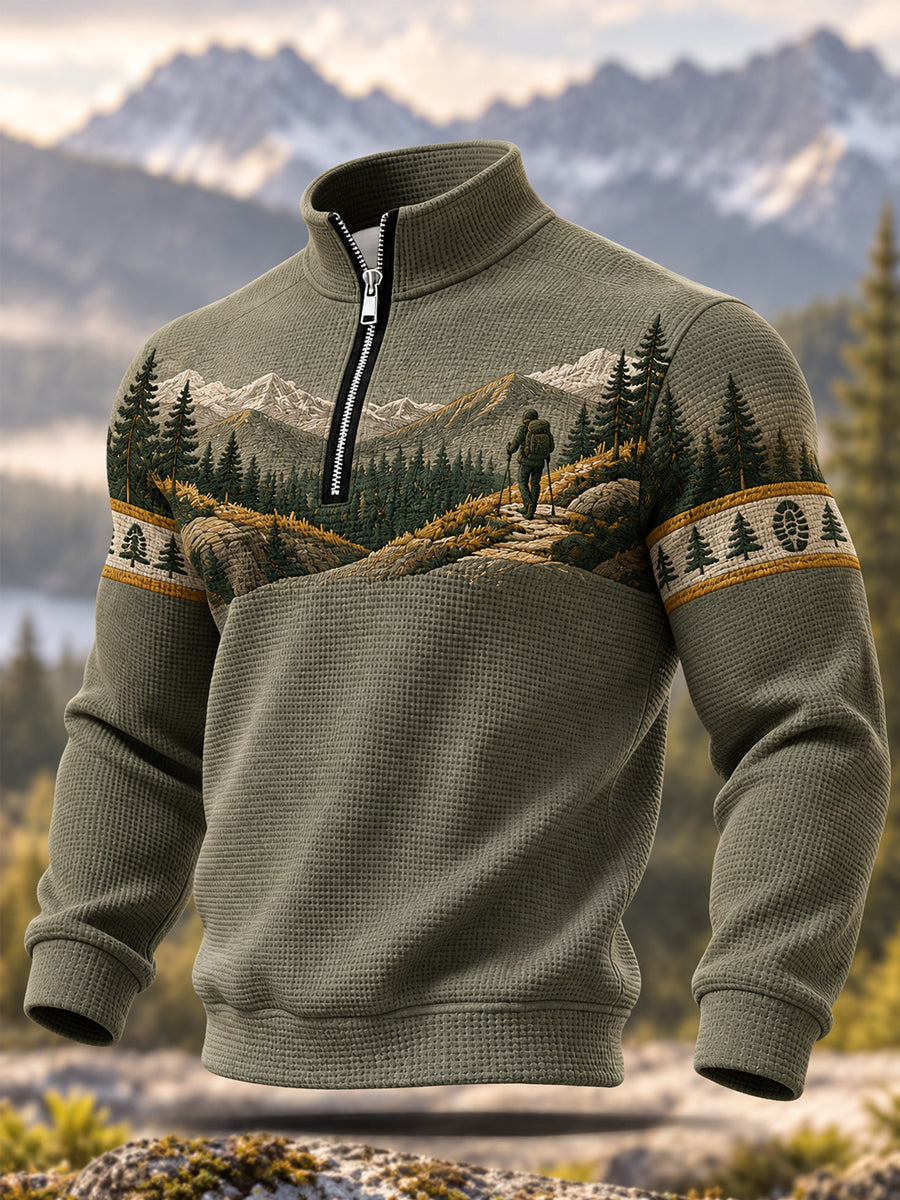 Men's Wilderness Trail Print Hike Lovers Casual Zipper Sweatshirt