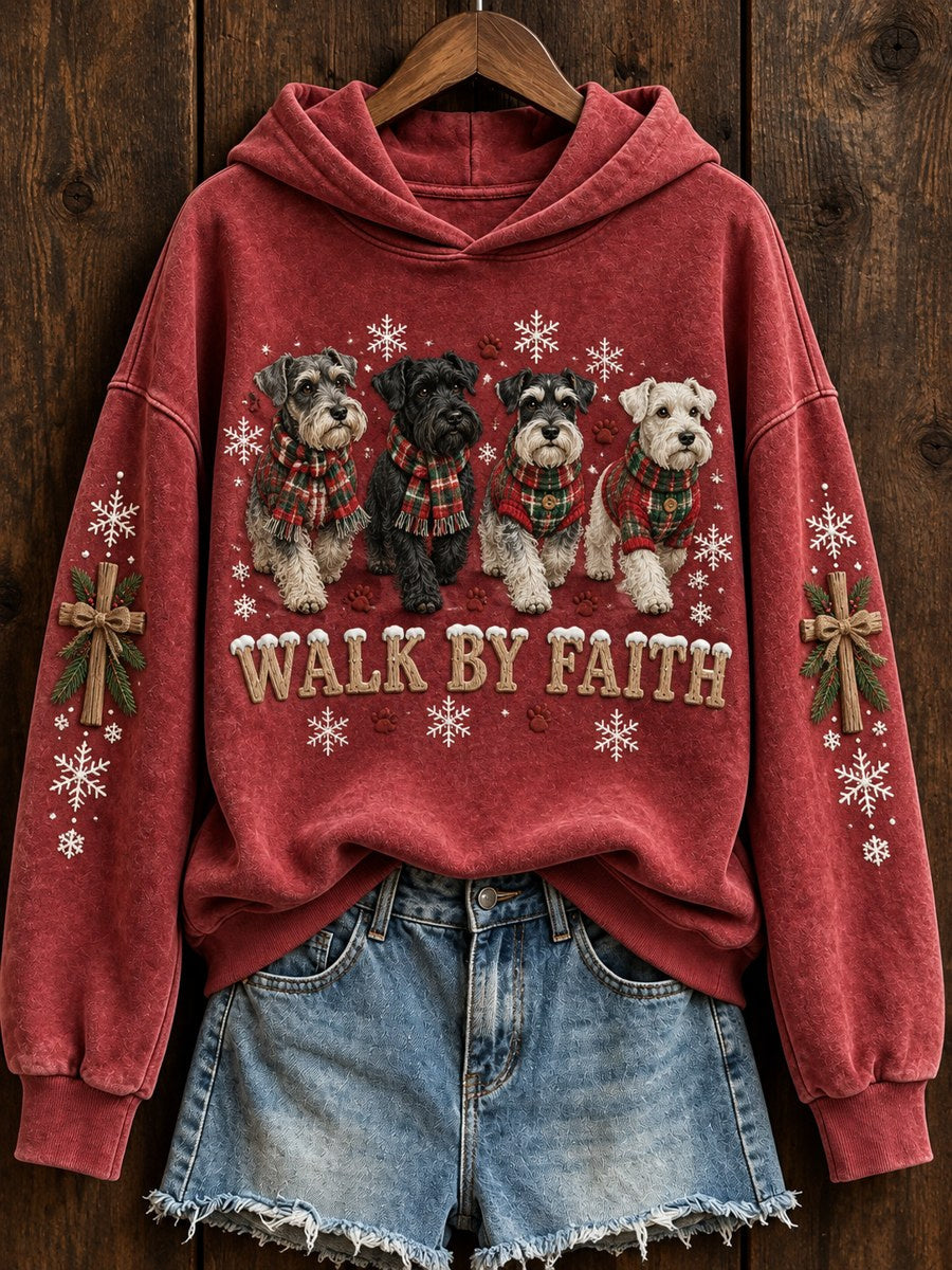 Women's Walk By Faith Christmas Walking Schnauzer Dogs & Cross Print Hoodie