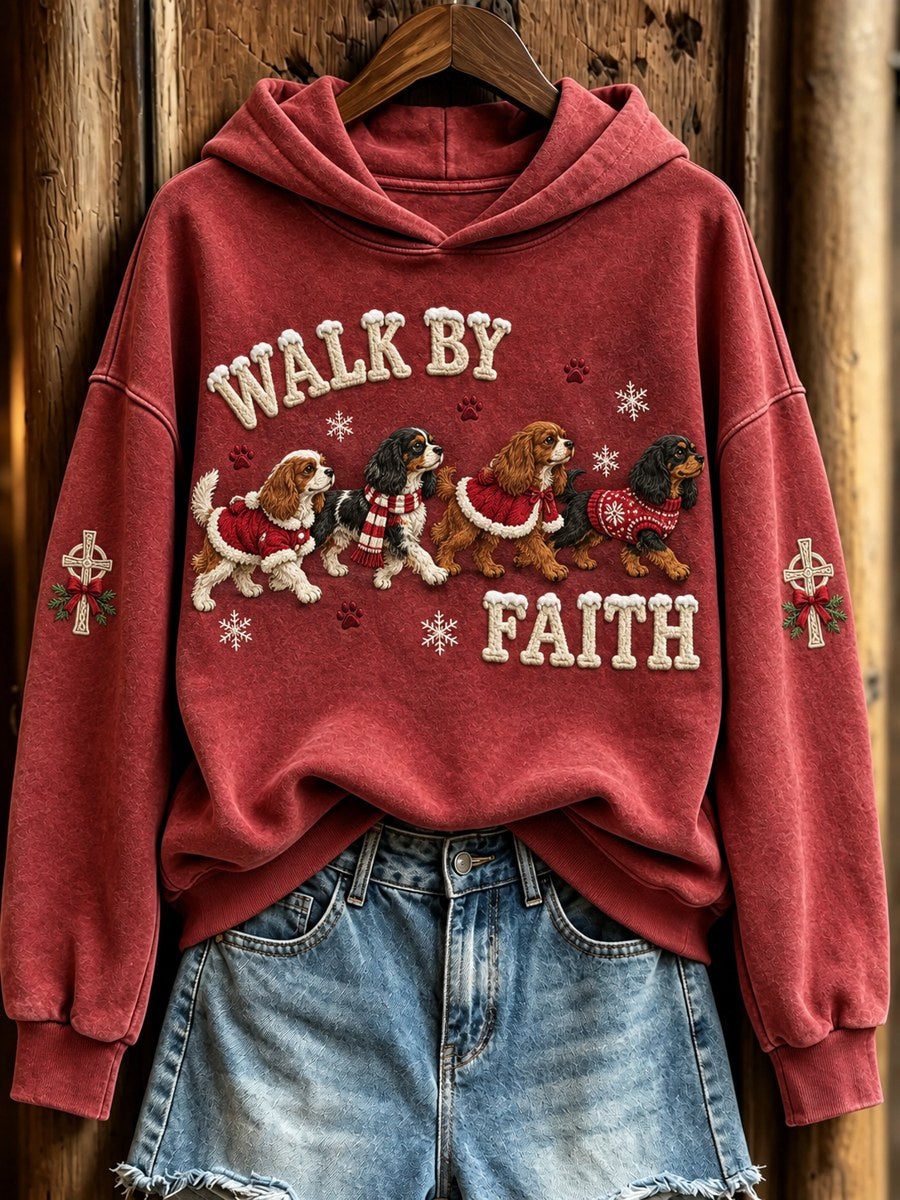 Women's Walk By Faith Christmas Walking Cavalier Dogs & Cross Print Hoodie