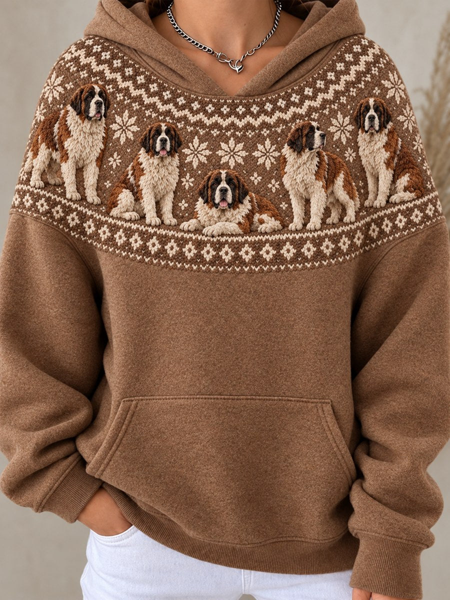 Women's Vintage Saint Bernard Dogs Yoke Isle Pattern Print Hoodie