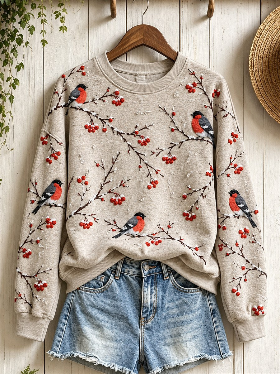 Women's Snowy Winter Eurasian Bullfinch Birds on Branches Print Sweatshirt