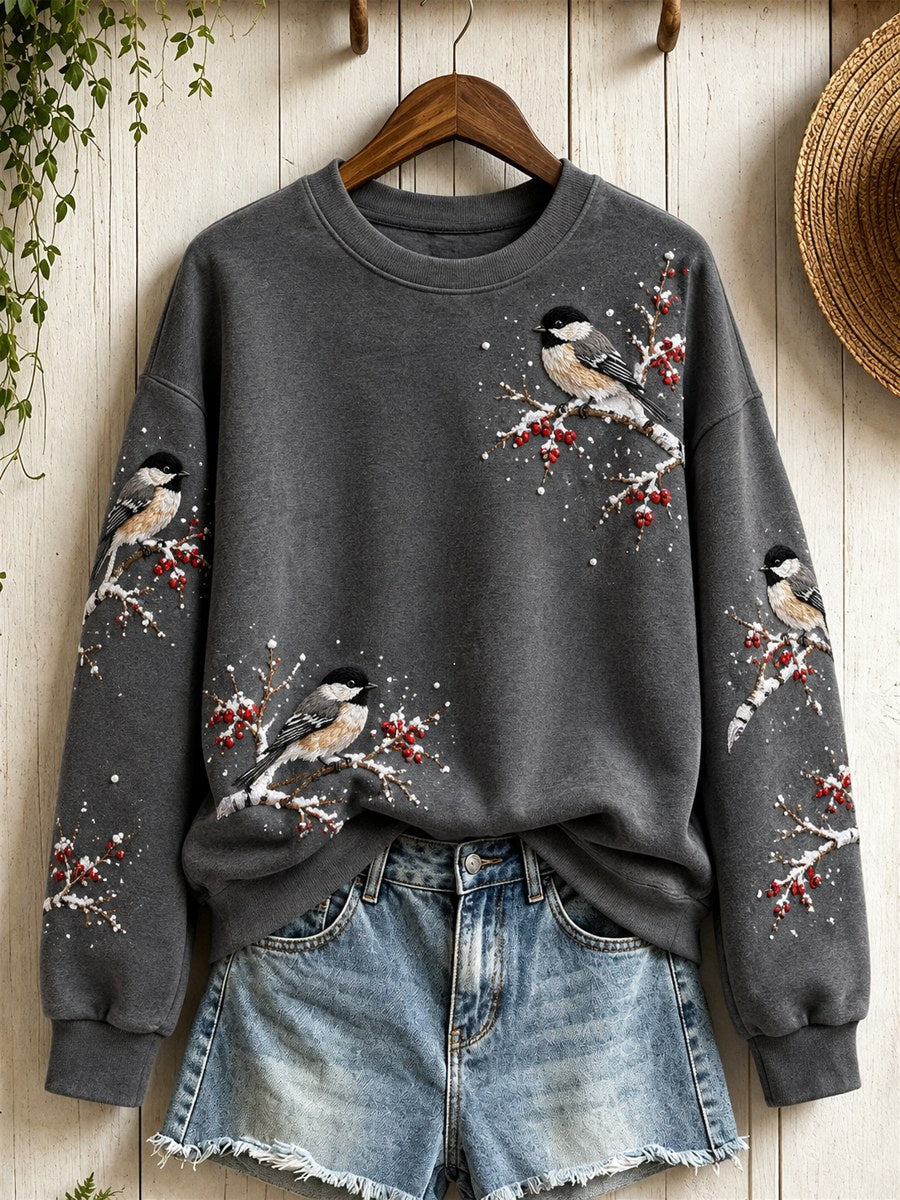Women's Snowy Winter Black-capped Chickadee Birds on Branches Print Sweatshirt