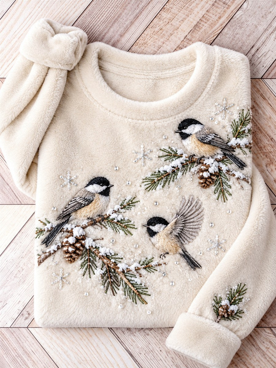 Women's Snowy Winter Black-capped Chickadee On Branch Print Flannel Sweatshirt