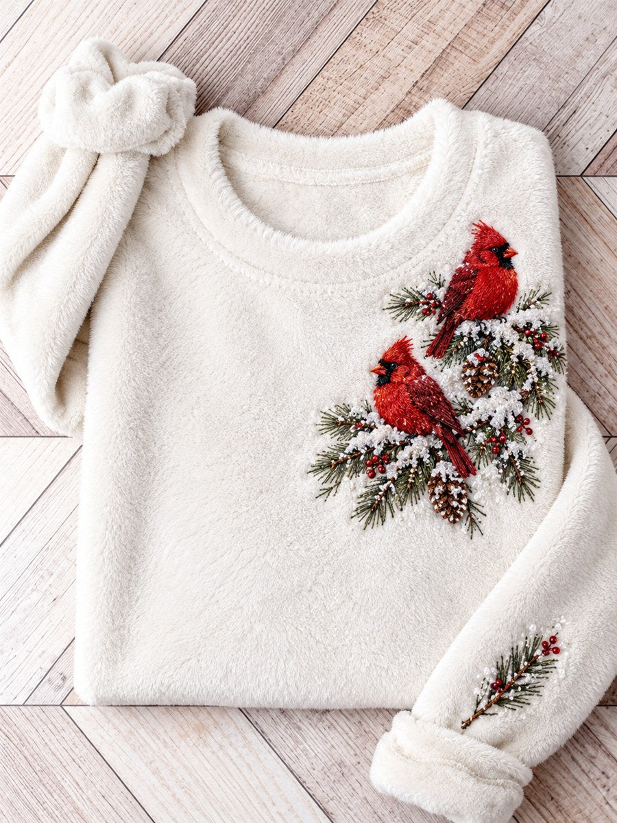 Women's Snowy Winter Red Cardinals On Branch Print Flannel Sweatshirt