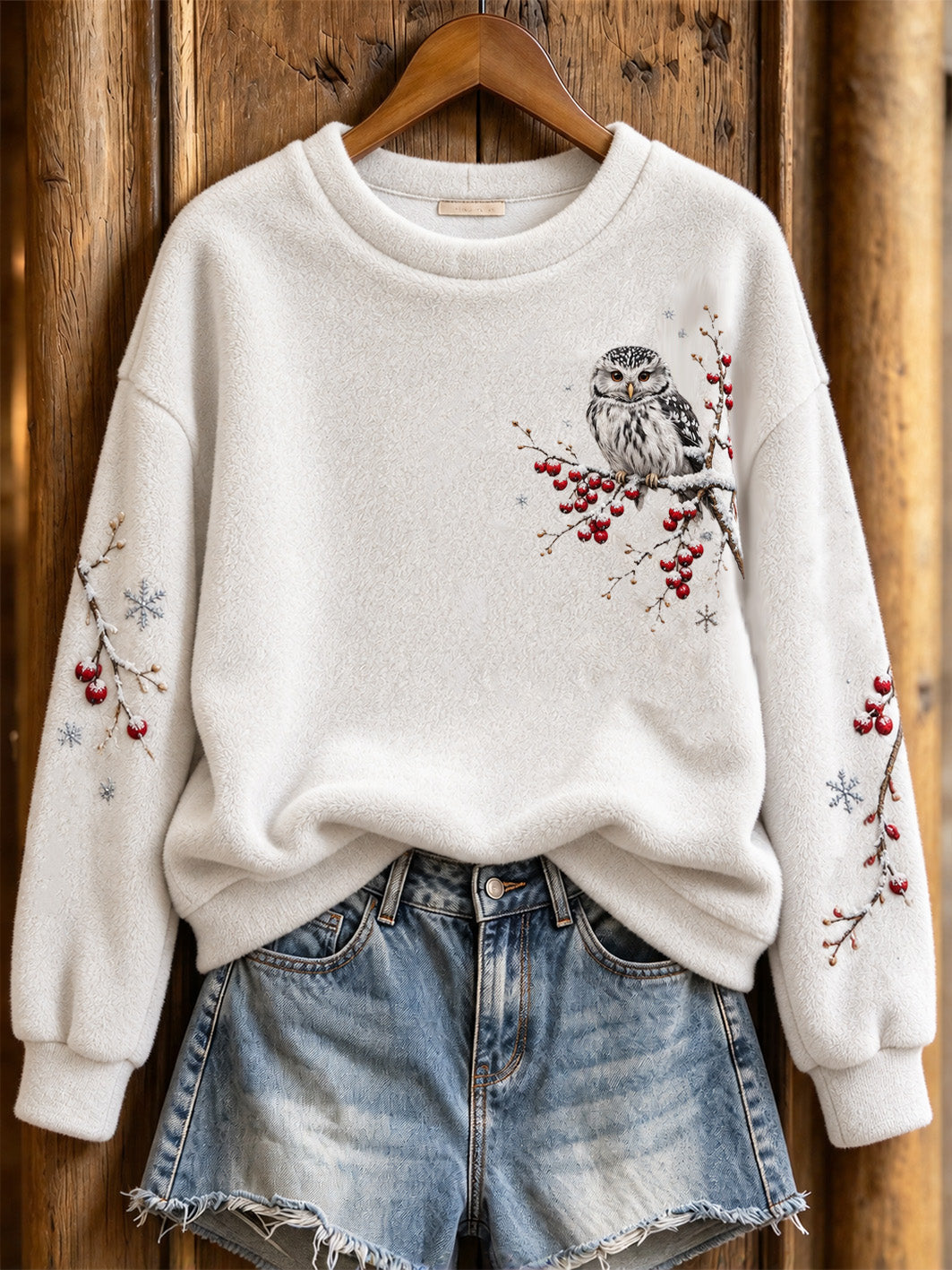 Women's Winter Owl Pattern Casual Flannel Sweatshirt