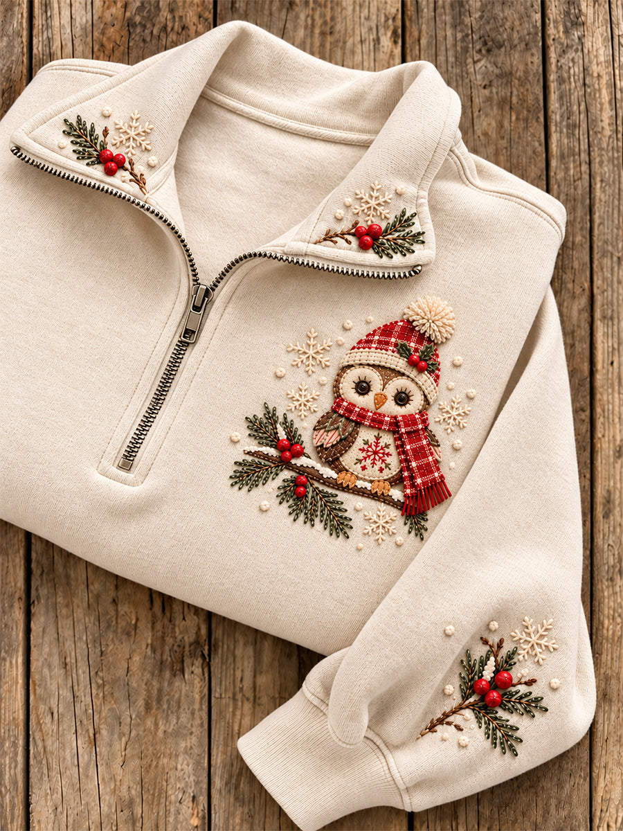 Women's Snowy Winter Stitchy Owl On Branch Print Zip Up Sweatshirt