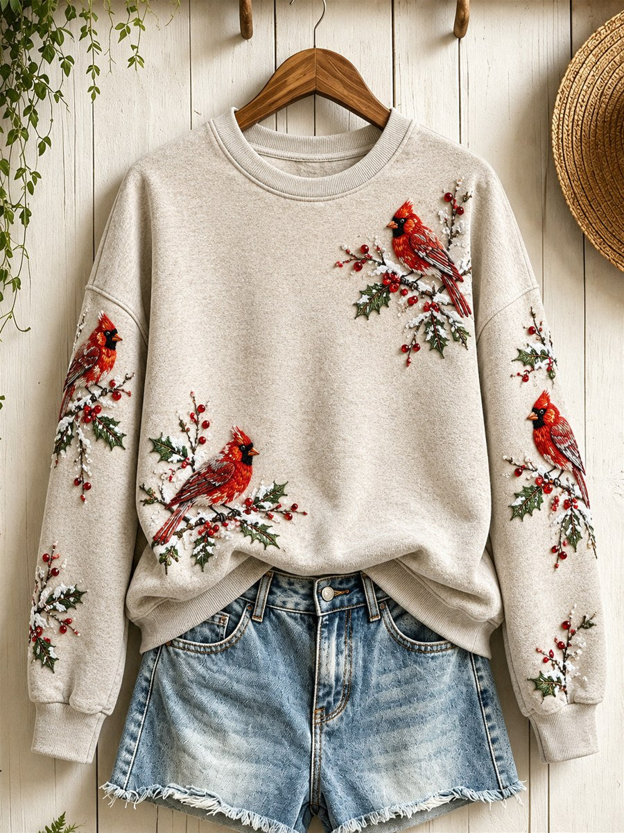 Women's Snowy Winter Red Cardinal Birds on Branches Print Sweatshirt