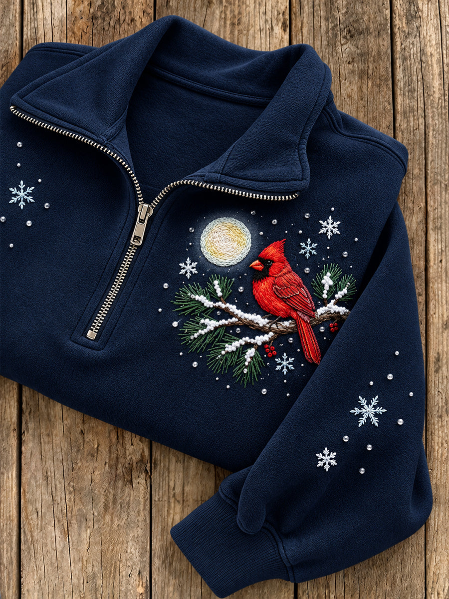 Women's Winter Cardinal Pattern Casual Half-Zip Sweatshirt