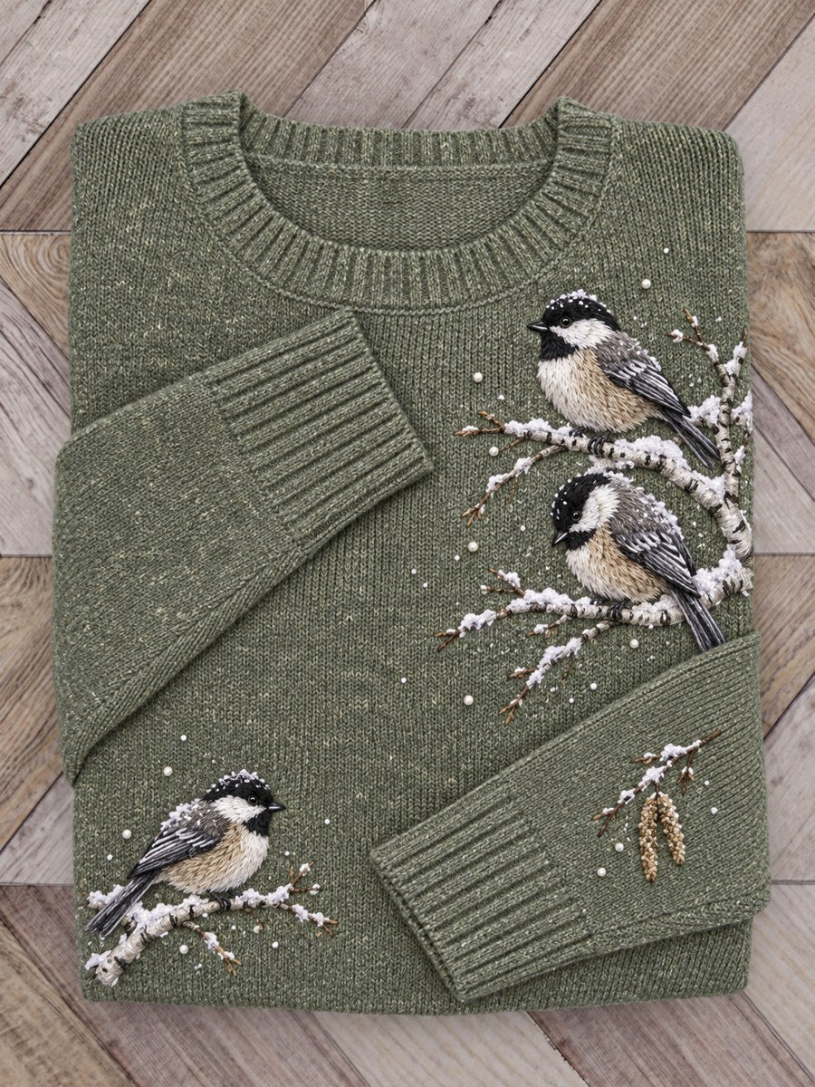 Women's Snowy Winter Black-capped Chickadee Birds on Branches Print crew neck sweater