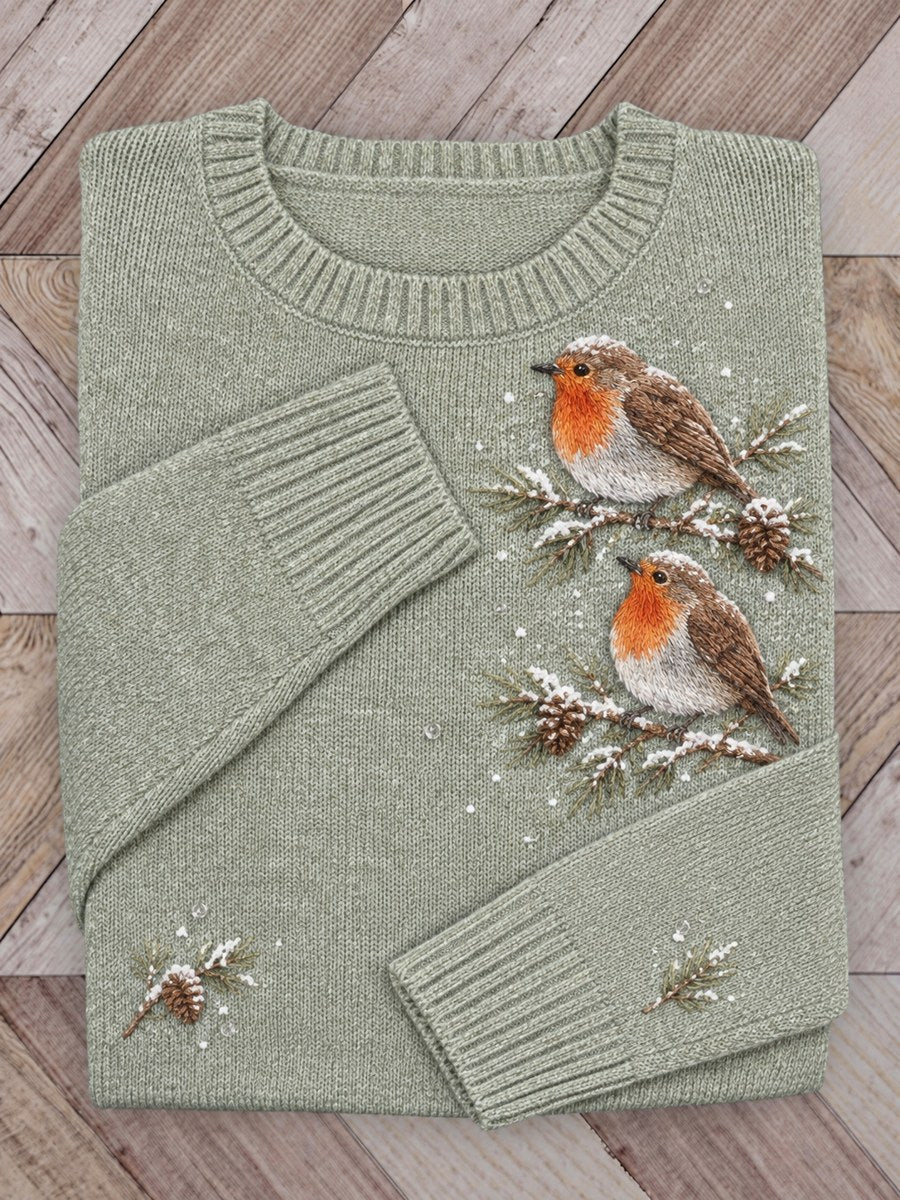 Women's Snowy Winter European Robin Birds on Branches Print crew neck sweater