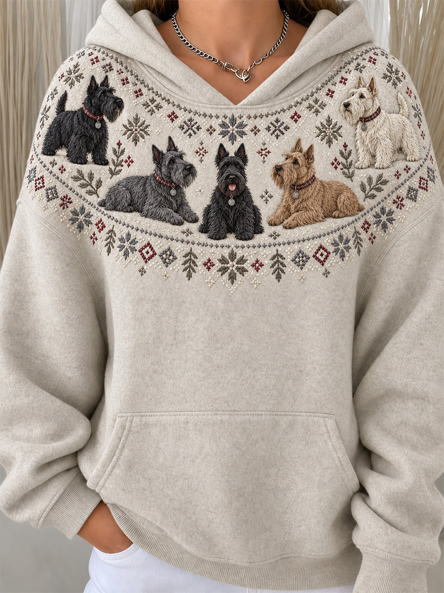 Women's Vintage Scottish Terrier Dogs Yoke Isle Pattern Casual Hoodie