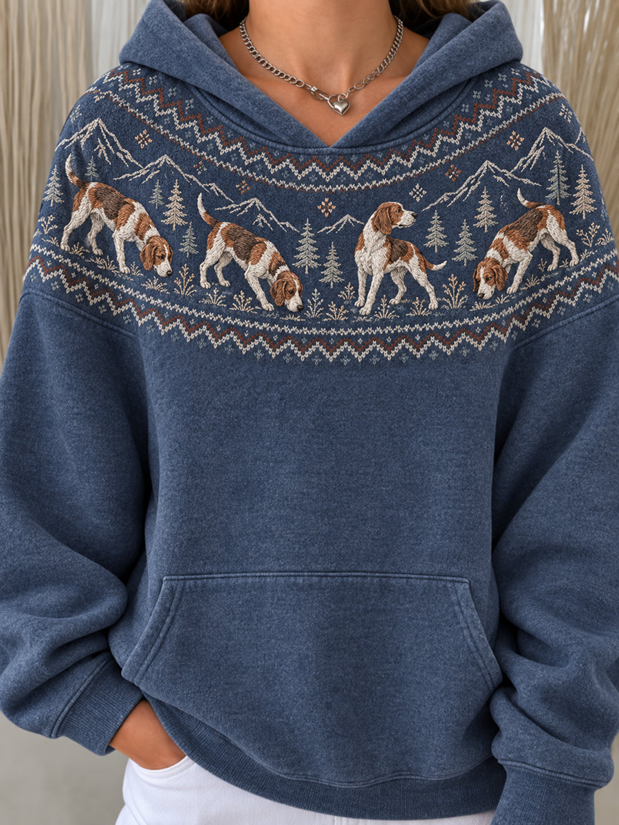 Women's Vintage Beagle Dogs Yoke Isle Pattern Casual Hoodie