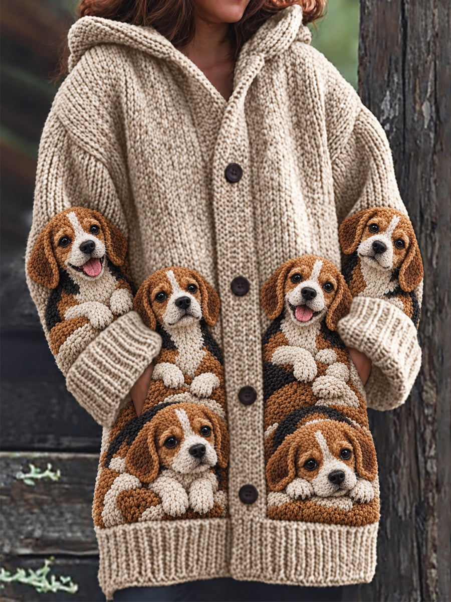 Women's Vintage Crowded Beagle Dogs Print Cozy Composite Fleece Long Coat