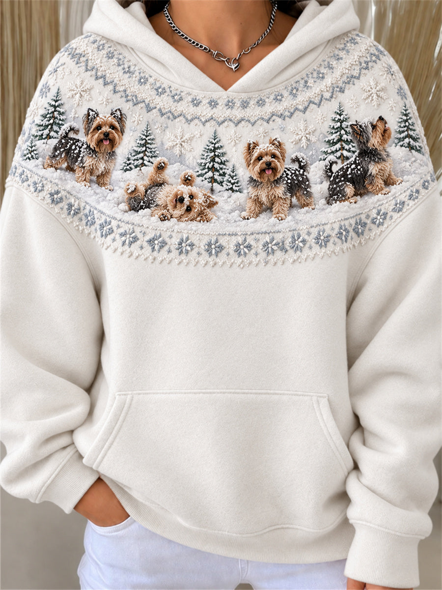 Women's Snowy Winter Yorkie Dogs Yoke Isle Print Hoodie