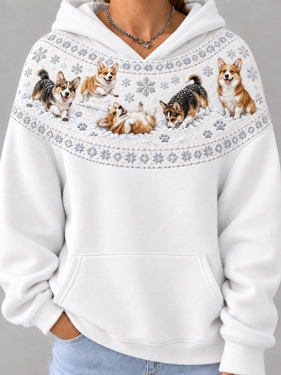 Women's Snowy Winter Corgi Dogs Yoke Isle Print Hoodie