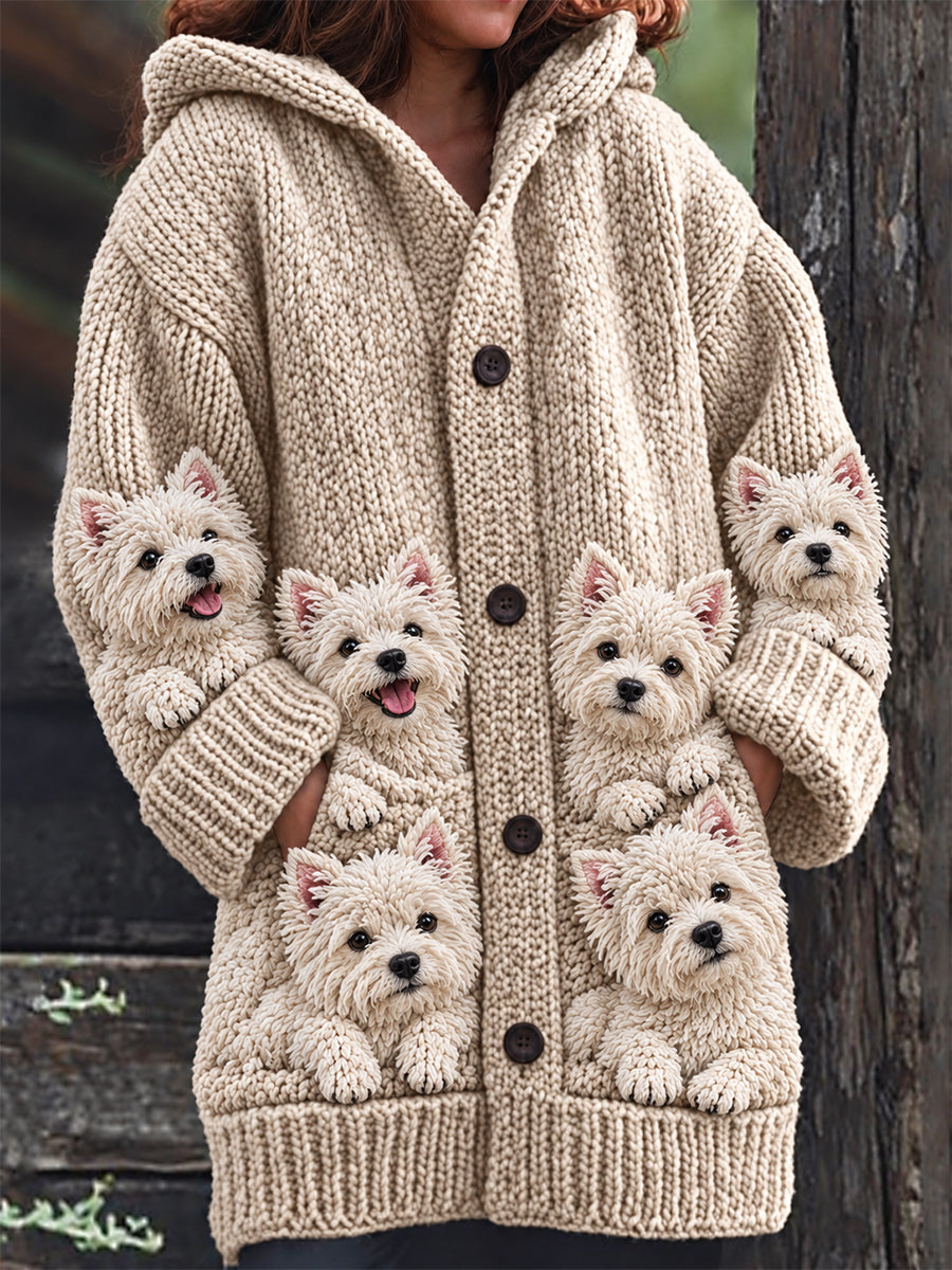 Women's Vintage Crowded Westie Dogs Print Cozy Composite Fleece Long Coat