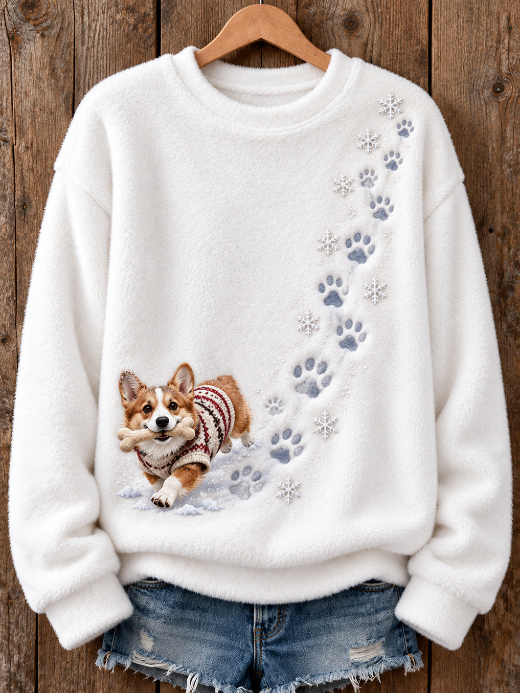 Women's Winter Corgi Pattern Causal Flannel Sweatshirt