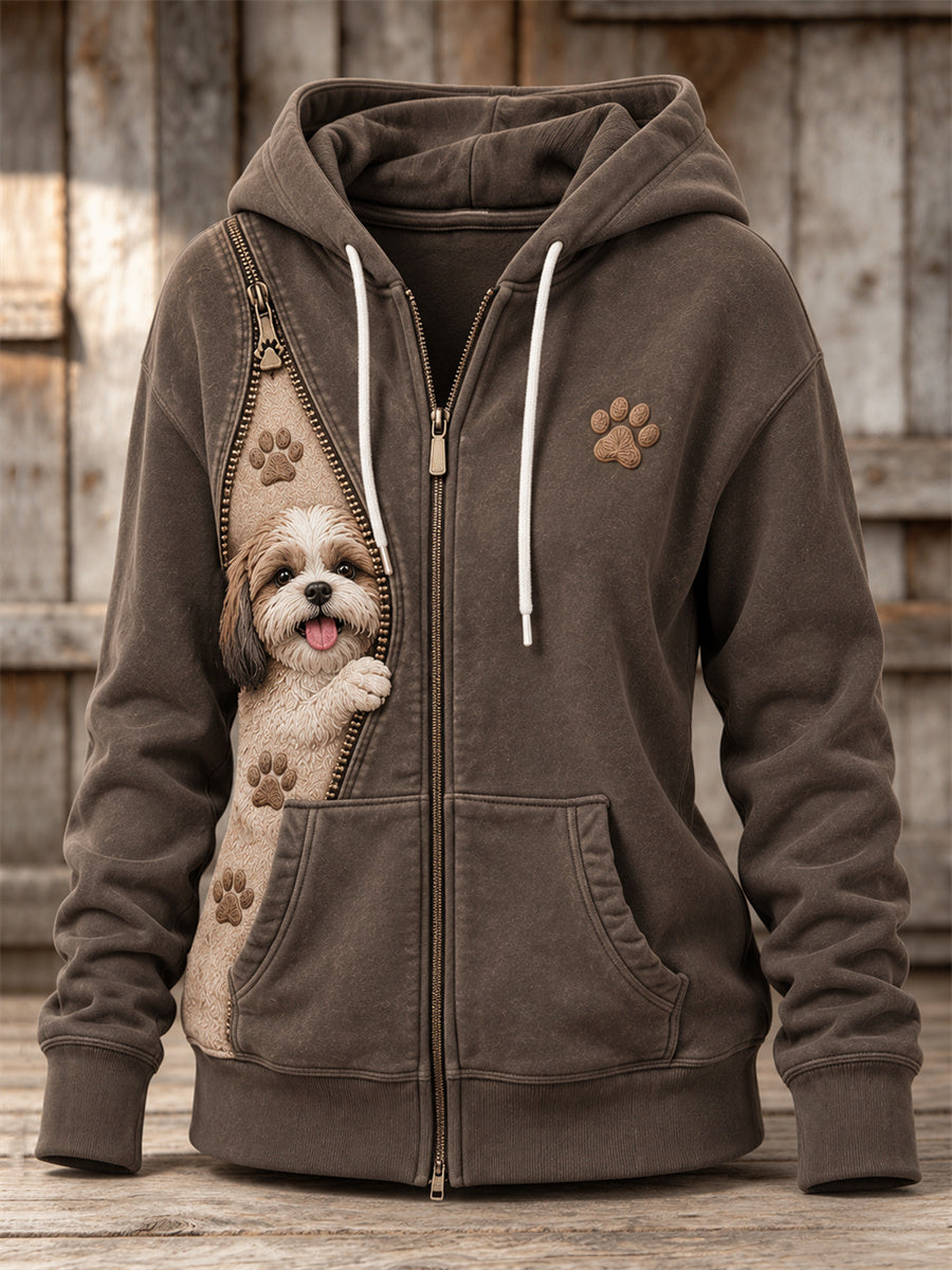 Women's Peeking Shih Tzu Dog & Paw Prints Zipper Contrast Print Full Zip Hoodie