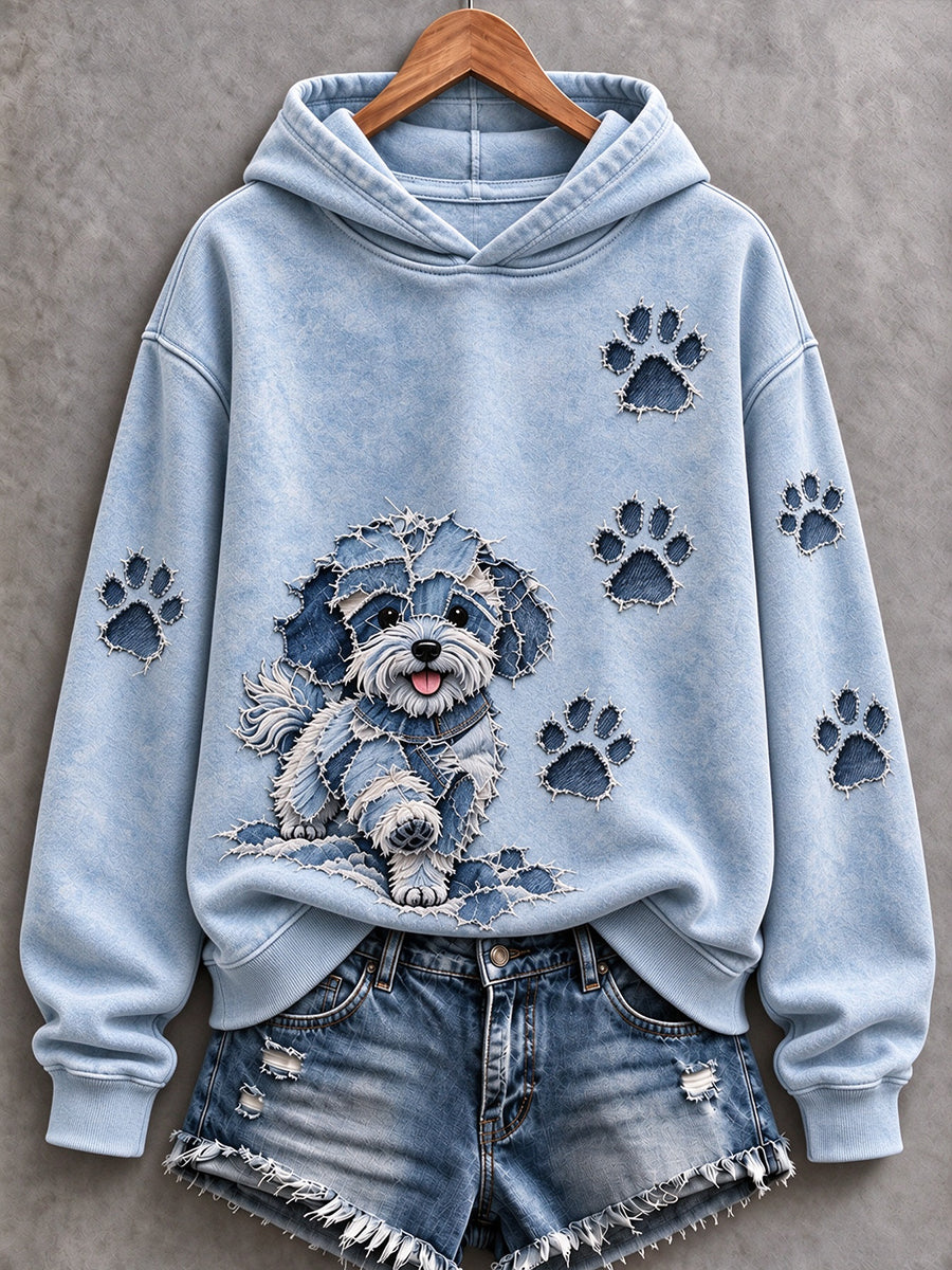 Women's Bichon Frize & Paw Prints Patchwork Print Casual Hoodie