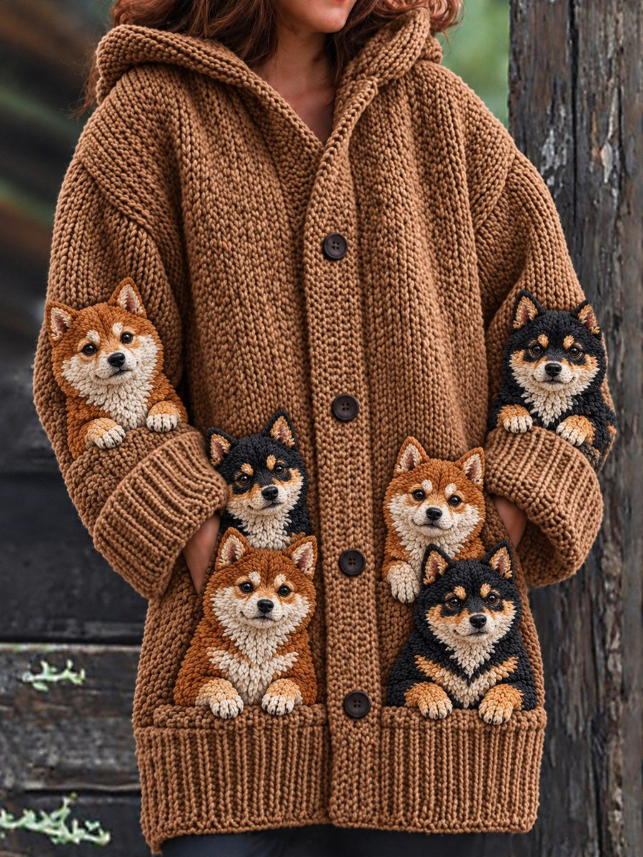 Women's Vintage Crowded Shiba Inu Dogs Print Cozy Composite Fleece Long Coat