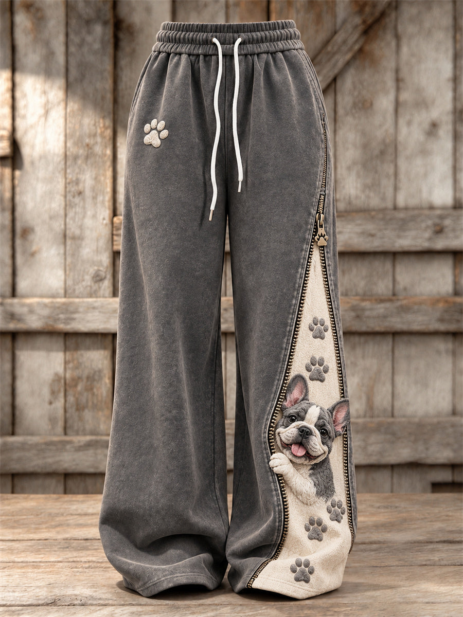 Women's Peeking French Bulldog & Paw Prints Zipper Contrast Print Wide Leg Sweatpants
