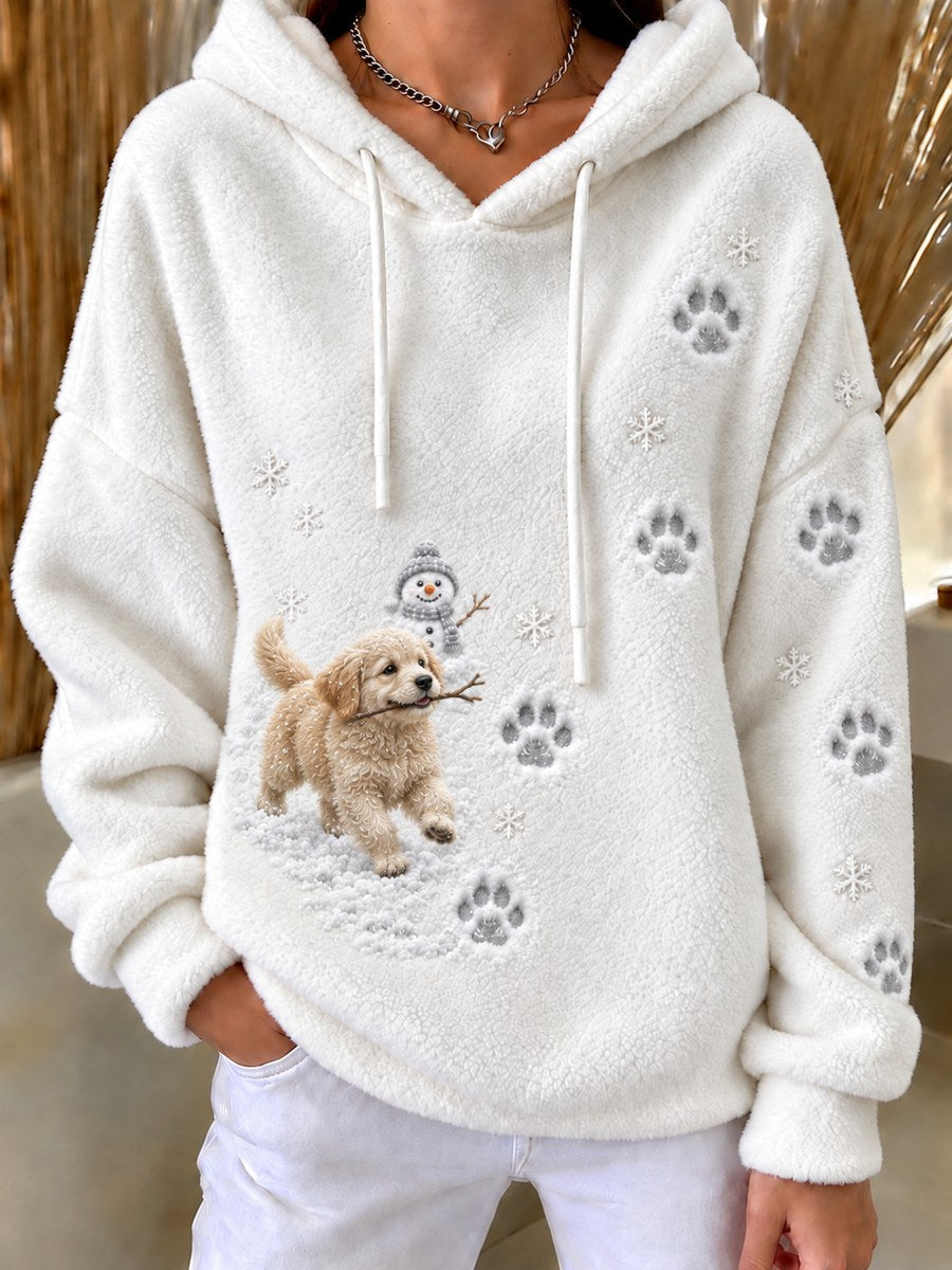Women's Naughty Golden Retriever Dog & Snowman Snowy Winter Print Flannel Hoodie