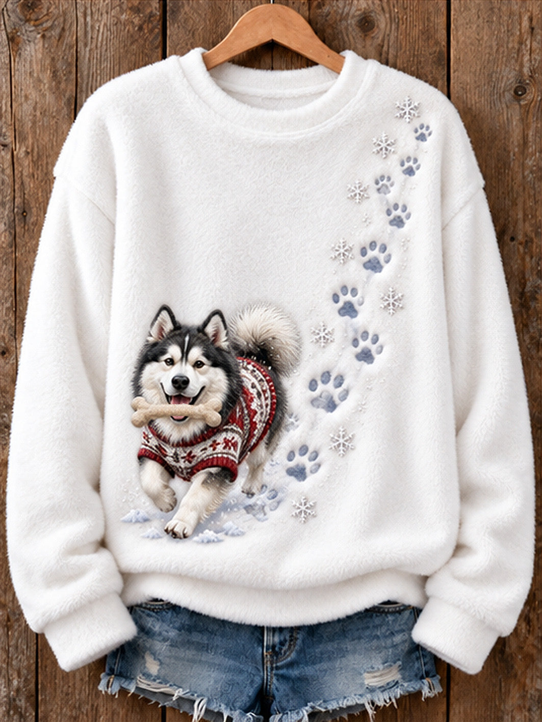 Women's Winter Alaskan Malamute Pattern Causal Flannel Sweatshirt