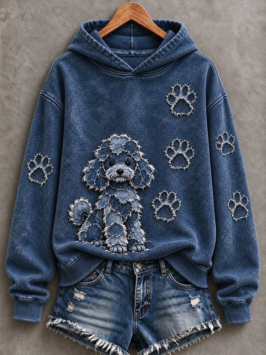 Women's Teddy Poodle & Paw Prints Patchwork Print Casual Hoodie