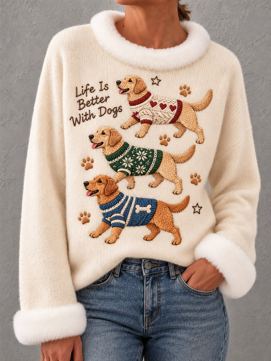 Women's Cute Labrador Retriever Print Dog Lovers Casual Fur Collar Top
