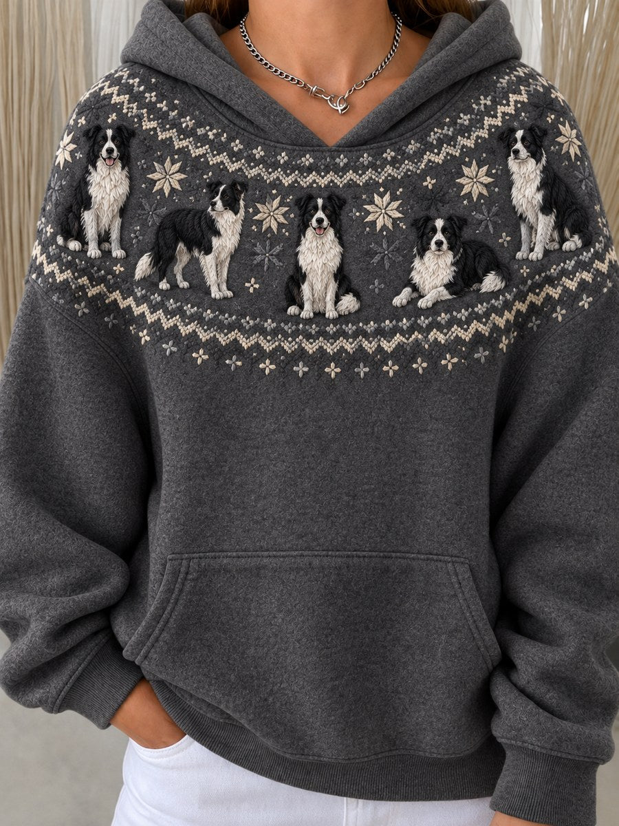 Women's Vintage Border Collie Dogs Yoke Isle Print Cozy Hoodie