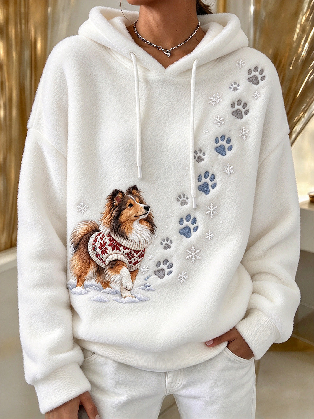 Women's Winter Shetland Sheepdog Pattern Causal Flannel Hoodie