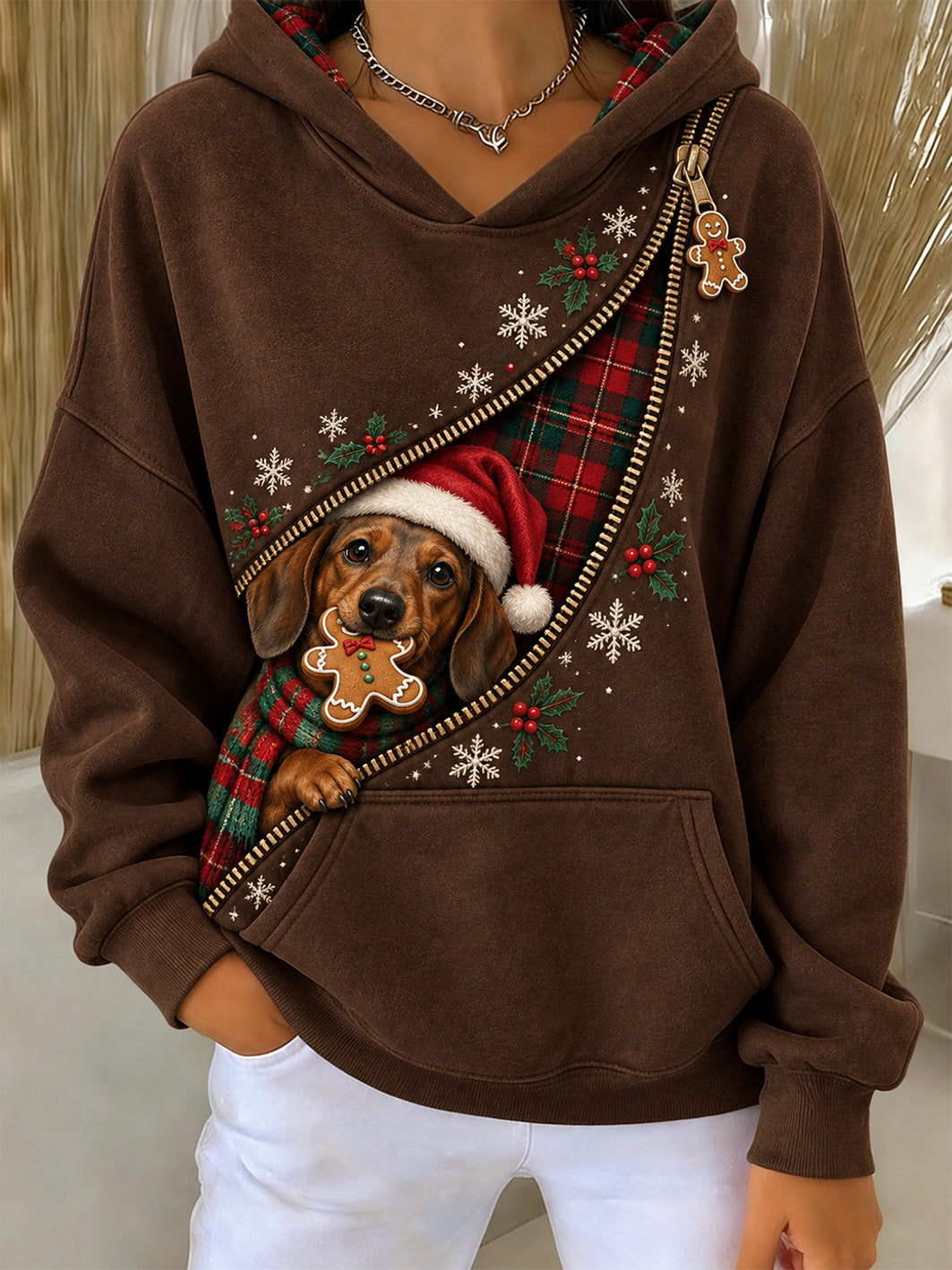 Women's Christmas Dachshund Pattern Causal Hoodie