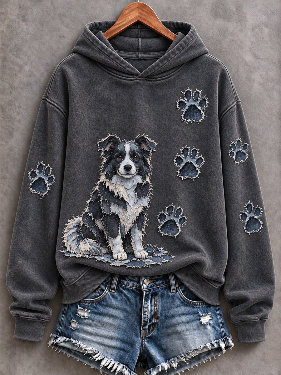 Women's Border Collie & Paw Prints Patchwork Print Casual Hoodie