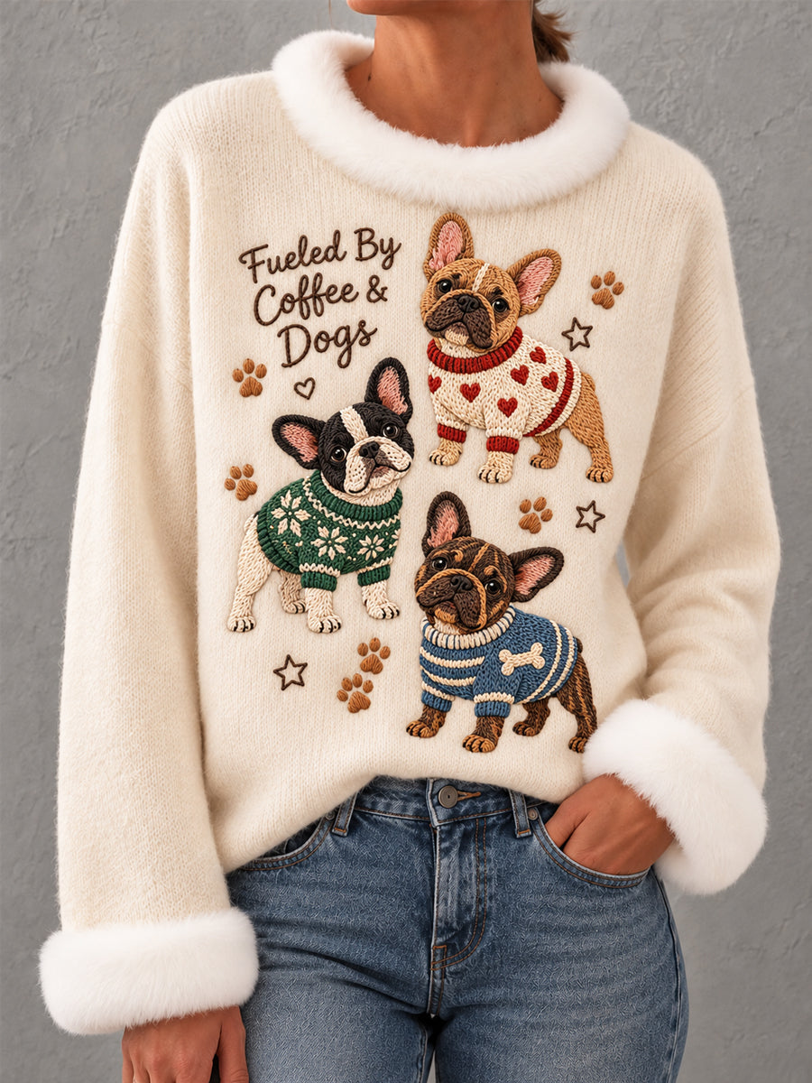 Women's Cute French Bulldog Print Dog Lovers Casual Fur Collar Top