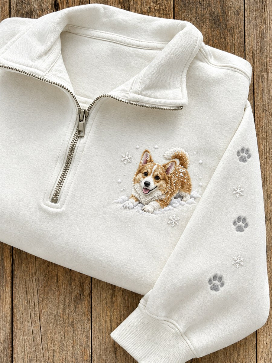 Women's Snowy Winter Corgi Dog In the Snow Print Zip Up Sweatshirt