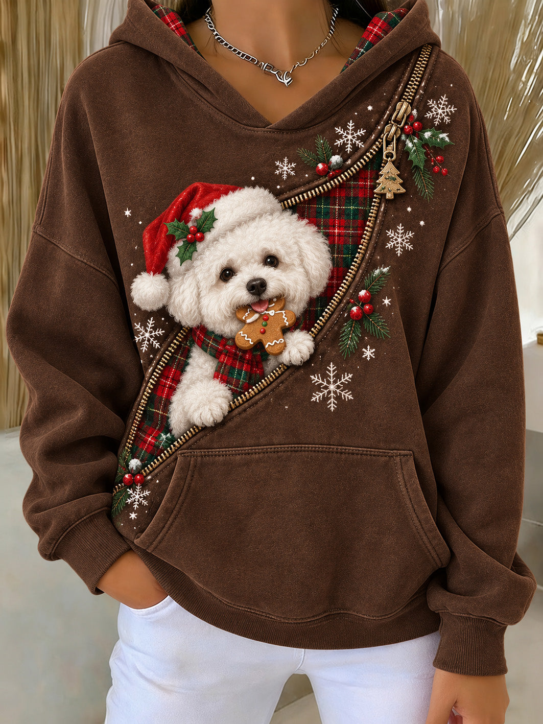 Women's Christmas Bichon Frise Pattern Causal Hoodie