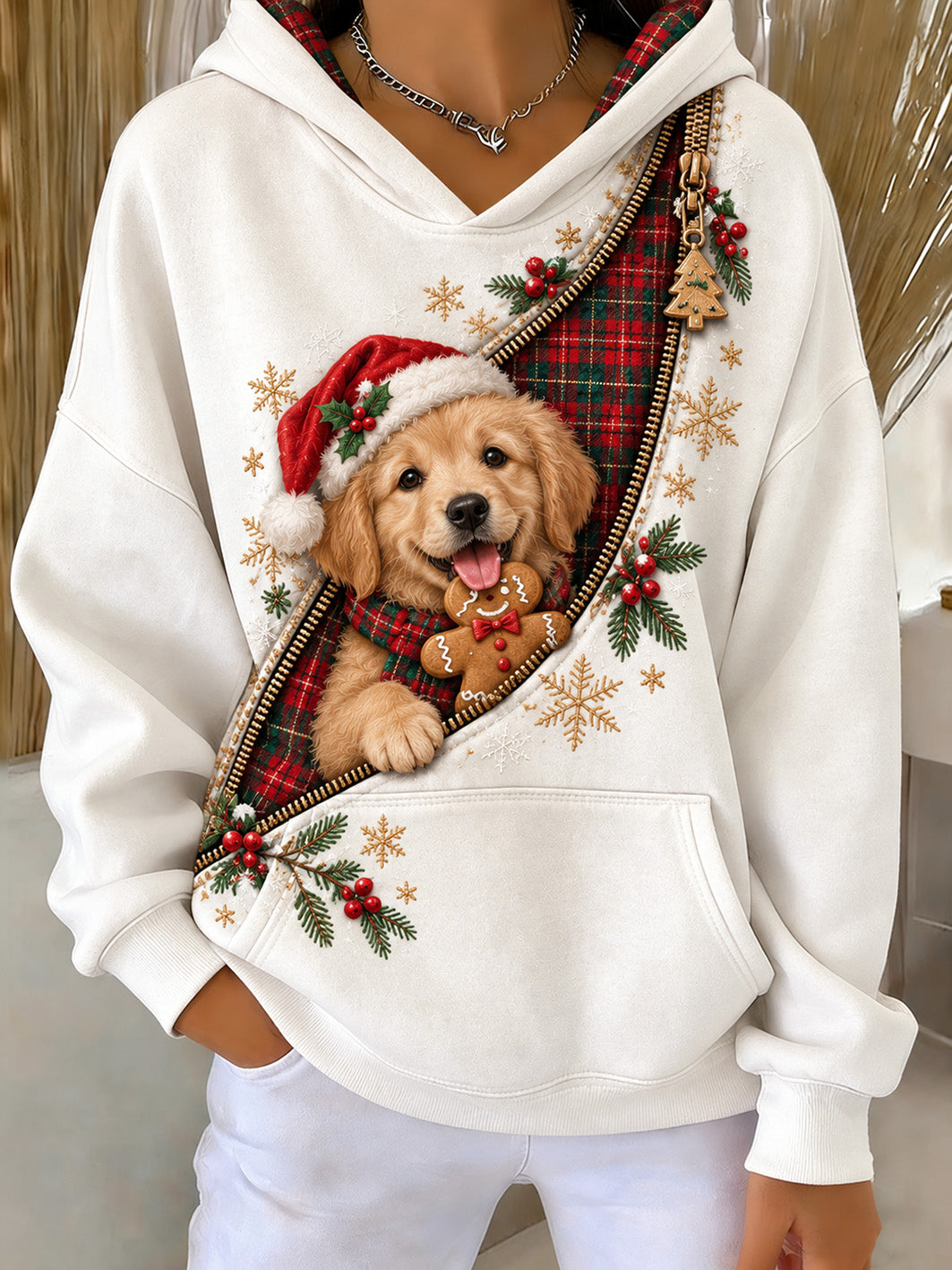 Women's Christmas Golden Retriever Pattern Causal Hoodie