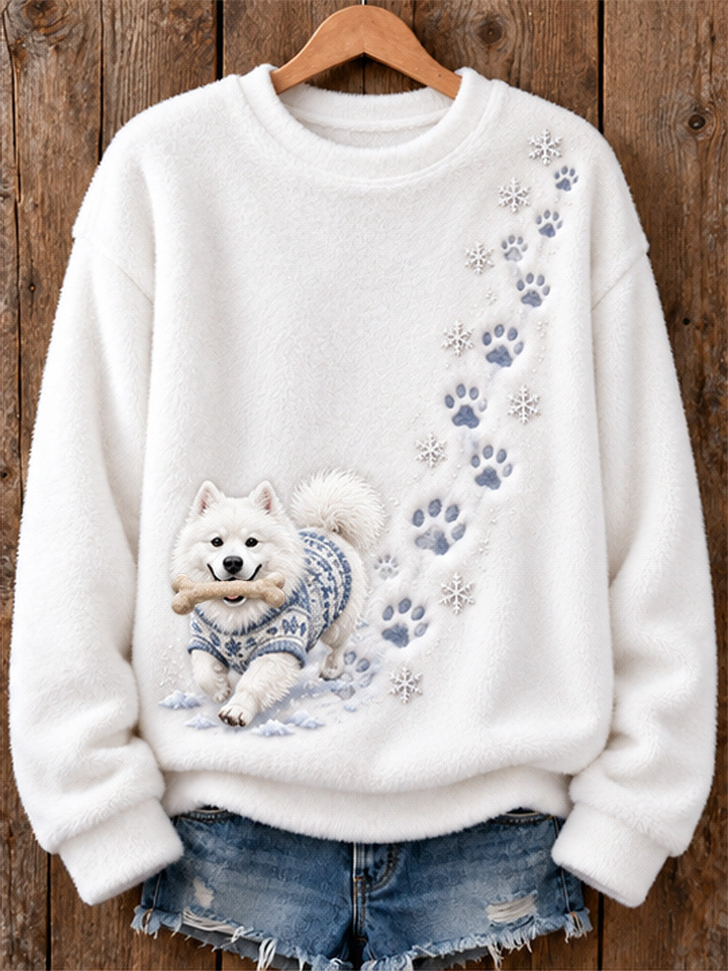 Women's Winter Samoyed Pattern Causal Flannel Sweatshirt