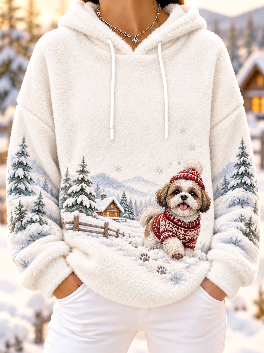Women's Cute Winter Shih Tzu Print Dog Lovers Casual Flannel Hoodie