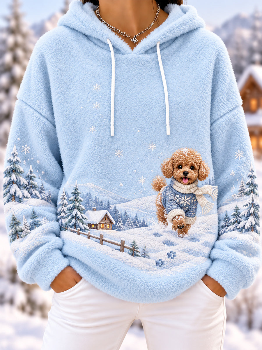 Women's Cute Winter Teddy Dog Print Dog Lovers Casual Flannel Hoodie