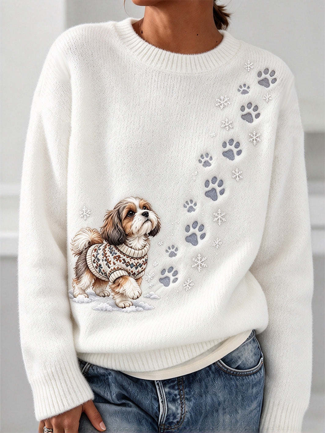 Women's Shih Tzu pattern causal crew neck sweater